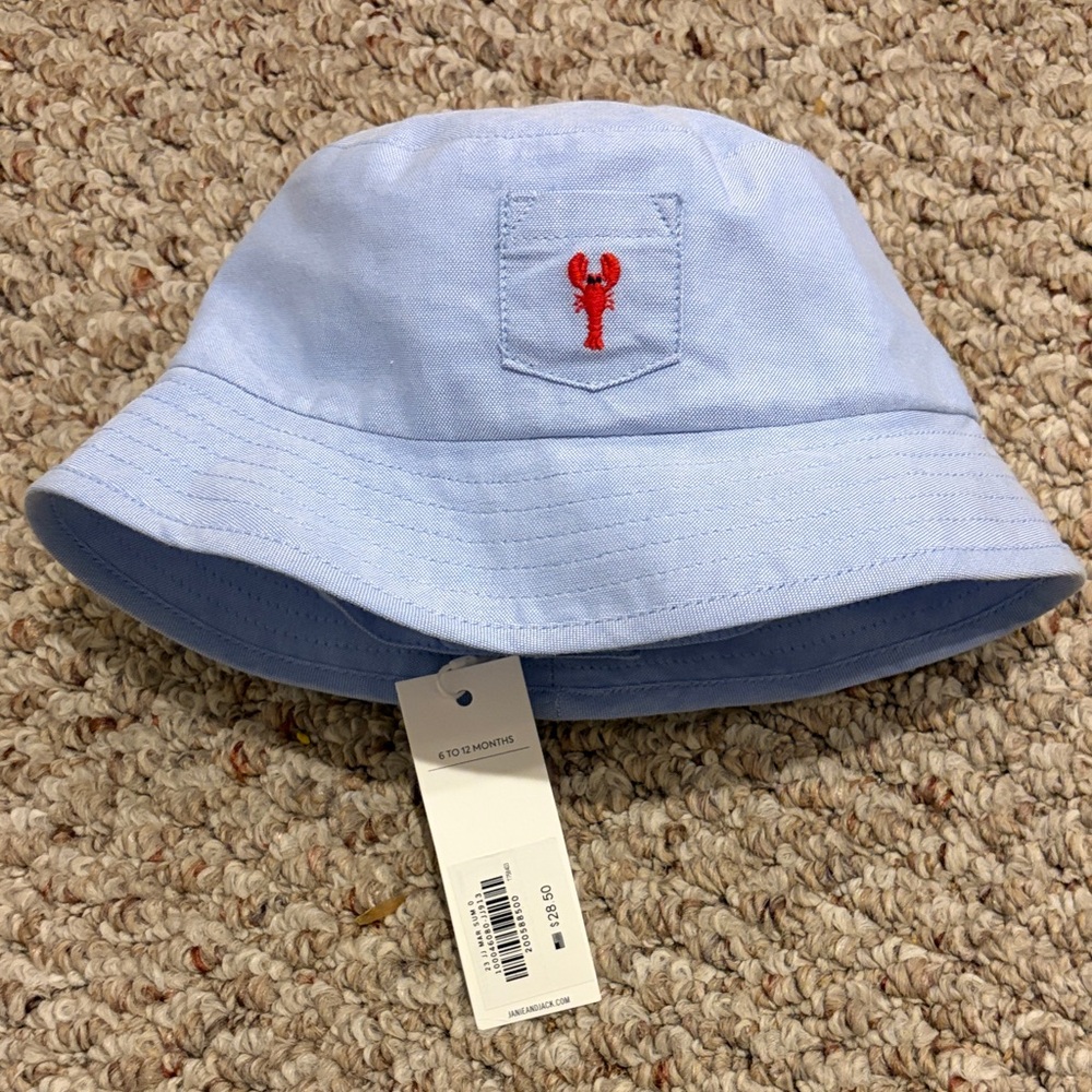 Janie and Jack Light Blue Kids Bucket Hat with Red Lobster Embroidery